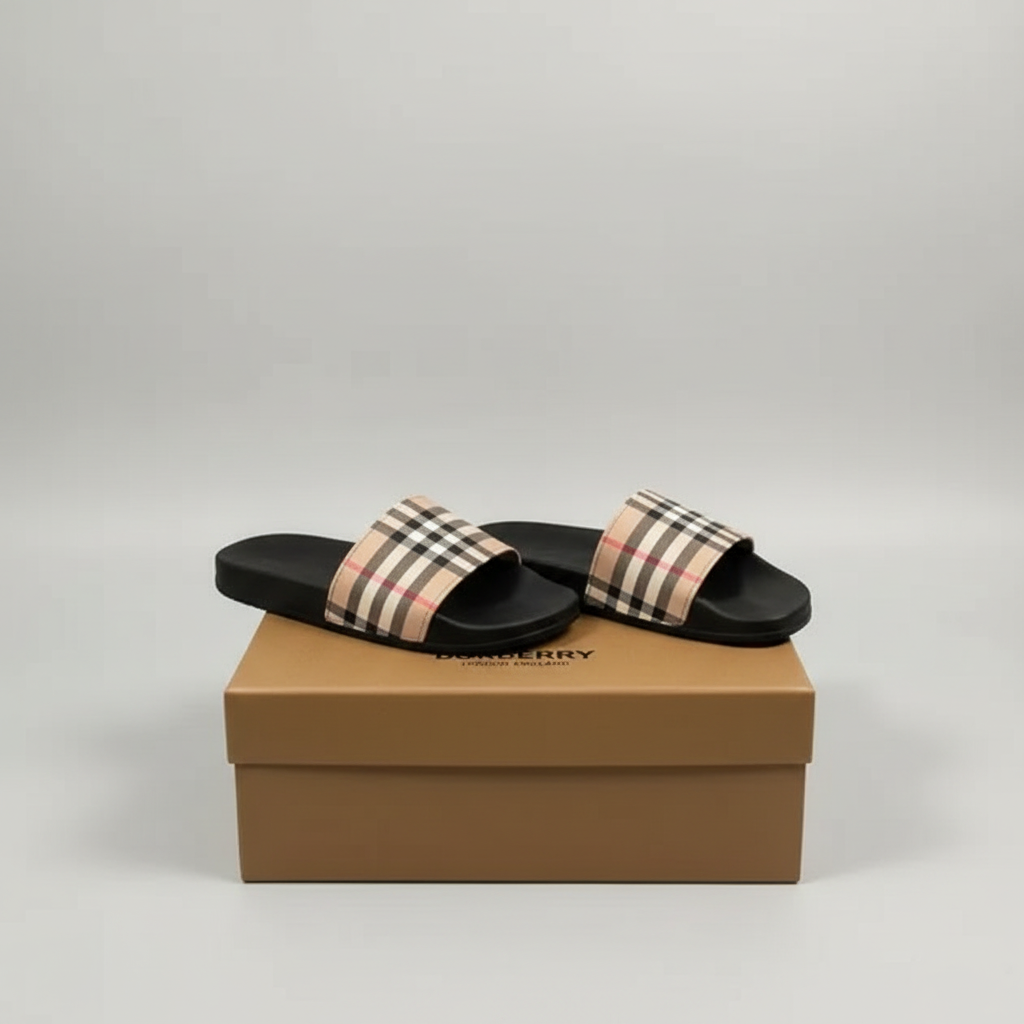 Neutral check-pattern slide sandals
